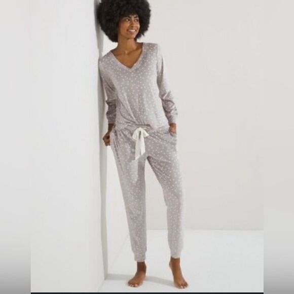 SOMAWKND Sunday Velour Lounge grey and white polka dots pants sz medium - Picture 2 of 10